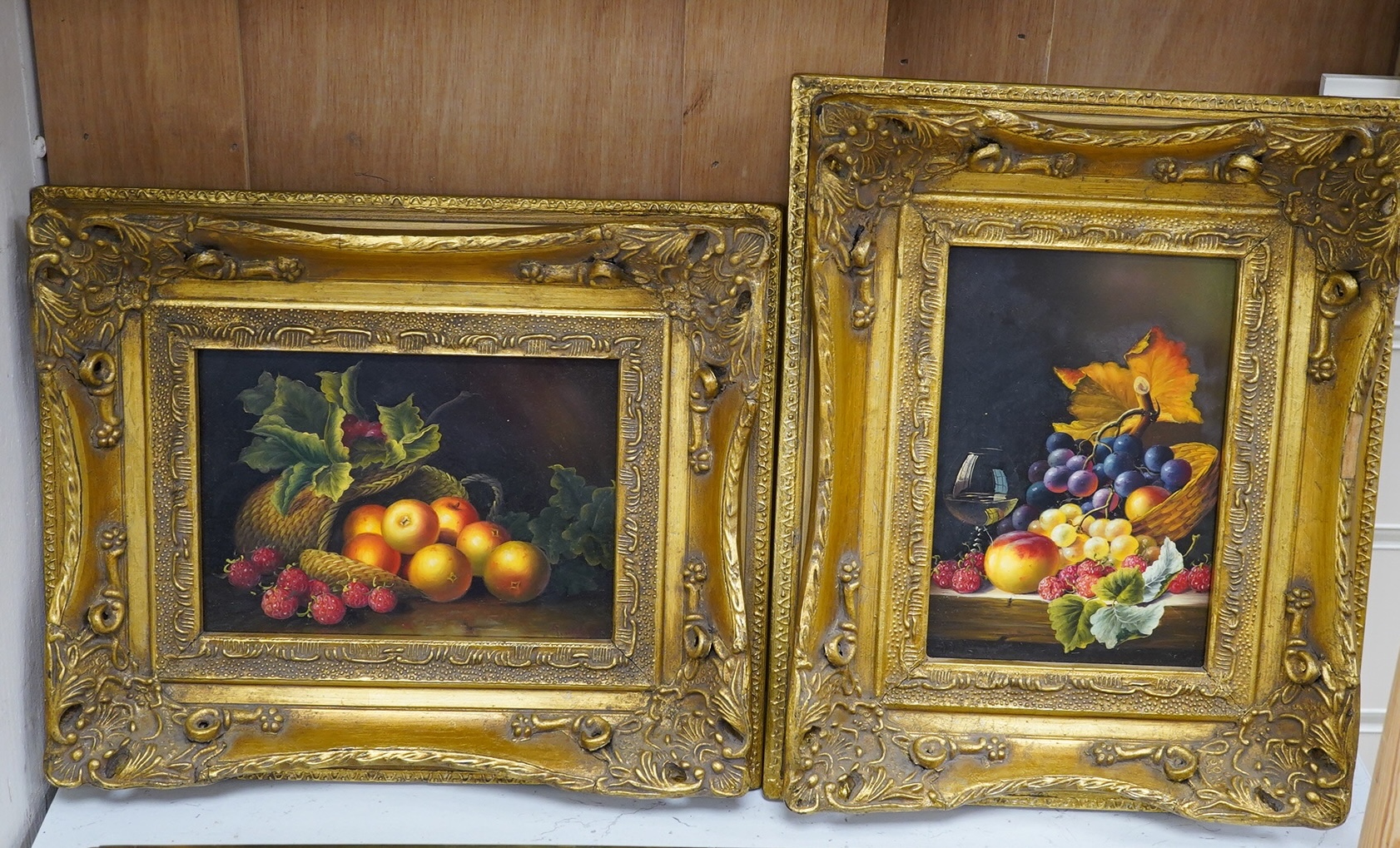 A. Wilson, two decorative oils on boards, Dutch style still lifes of flowers, signed, 16 x 11cm. ornately gilt framed. Condition - good